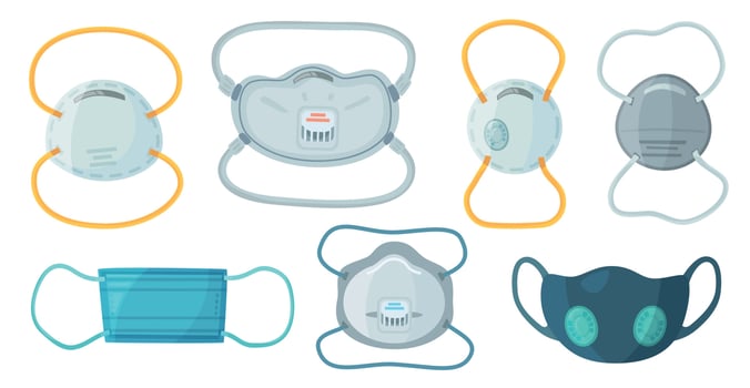 Safety breathing masks. Industrial safety N95 mask, dust protection respirator and breathing medical respiratory mask vector set