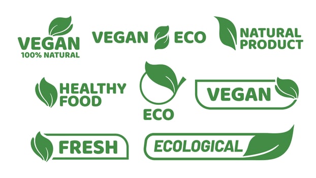 Vegan tag label. Veganism badge logo, vegetarian organic products and organic food badges vector set
