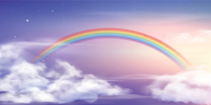 Fantasy sky rainbow. Fairy skies rainbows colors, magic landscape and dream sky vector background illustration