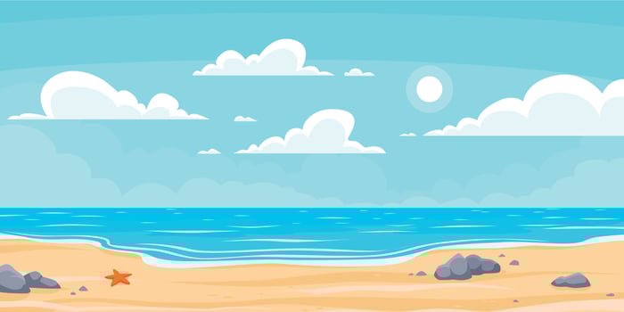 Cartoon summer beach. Paradise nature vacation, ocean or sea seashore. Seaside landscape vector background illustration