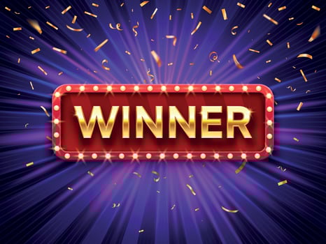Winner banner. Win congratulations vintage frame, golden congratulating framed sign with gold confetti vector background illustration