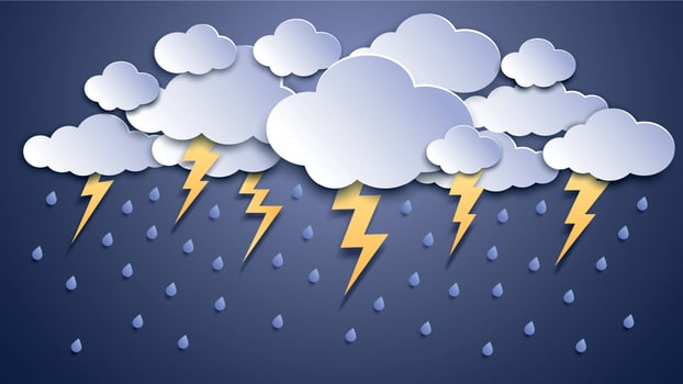 Summer thunderstorms. Storm clouds, thunderstorm lightning and rainy weather. Thunder and lightnings craft paper vector illustration