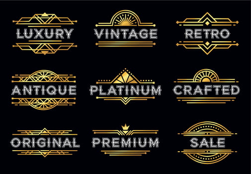 Art deco label. Retro luxury geometric ornaments, vintage ornament frame and hipster decorative lines labels vector illustration set