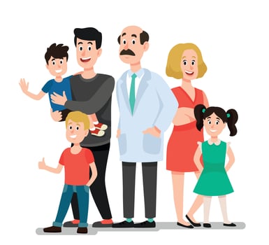 Family doctor. Smiling happy patients family portrait with dentist, smiling healthy children cartoon vector illustration