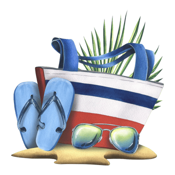 Striped beach bag with flip flops, sunglasses on the sand with palm leaves. Watercolor hand drawn illustration. Isolated composition. For summer and marine prints, stickers. png