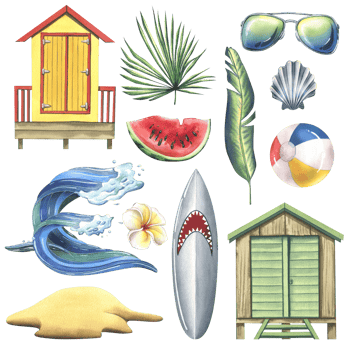 A collection of beach accessories, summer, bright, for relaxation and entertainment. Watercolor illustration, hand drawn. Set of isolated objects png