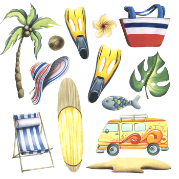 A collection of beach accessories, summer, bright, for relaxation and entertainment. Watercolor illustration, hand drawn. Set of isolated objects png