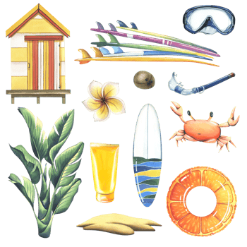A collection of beach accessories, summer, bright, for relaxation and entertainment. Watercolor illustration, hand drawn. Set of isolated objects png