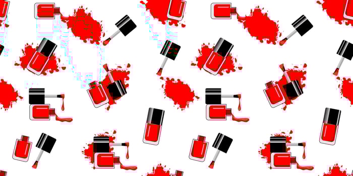 Nail Polish red bottle splashes, drops. Beauty and cosmetics seamless pattern. Use for advertising flyer, banner, leaflet. vector