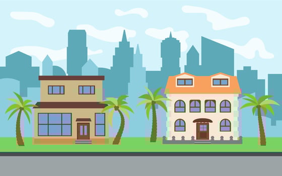 Vector city with two two-story cartoon houses and palm trees in the sunny day. Summer urban landscape. Street view with cityscape on a background
