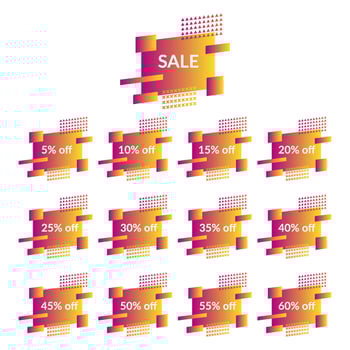 Set of orange sale banners on the modern gradient shape. Geometric trendy banners with discounts of five to sixty percent. Modern gradient shape with promotion text. Vector illustration.