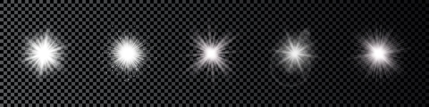 Light effect of lens flares. Set of five white glowing lights starburst effects with sparkles vector