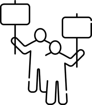 Blank Board Or Poster Holding Two Man Icon In Thin Line Art. vector
