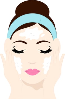 Blue Hairband Wear Female Cleaning Her Face Icon In Flat Style. vector