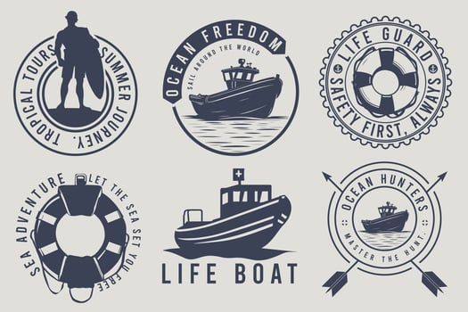 Set of nautical logos, ocean hunter badges, ocean freedom and sea ocean style quotes with a lifeboat, Nautical vintage prints designs set for t-shirts, apparel. Marine logos and badges. vector