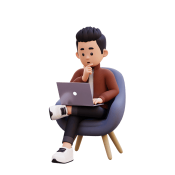 3d male character sitting on a sofa and working on a laptop with thinking pose png