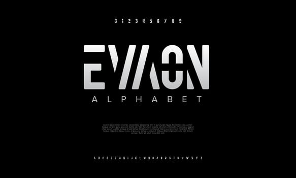 Evaon abstract digital technology logo font alphabet. Minimal modern urban fonts for logo, brand etc. Typography typeface uppercase lowercase and number. vector illustration