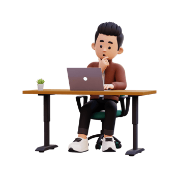 3d male character thinking and working on a laptop png