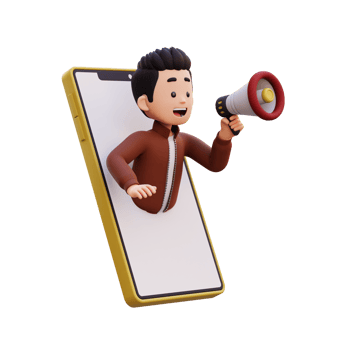 3d male character jumping out from smart phone screen and holding a megaphone png