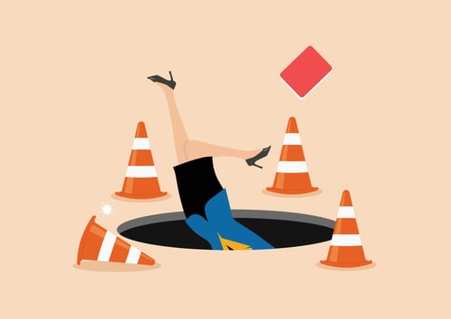 Terrified business woman fall down into the hole vector