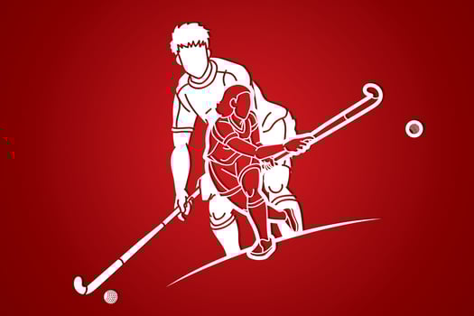 Group of Field Hockey Sport Man and Woman Players Action Cartoon Graphic Vector