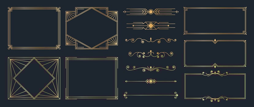 Collection of geometric art deco ornament. Luxury golden decorative elements with different lines, frames, headers, dividers and borders. Set of elegant design suitable for card, invitation, poster. vector