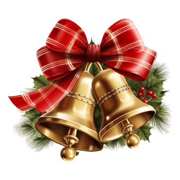 Christmas Holly And Ribbon Decorated Golden Textured Bells. png