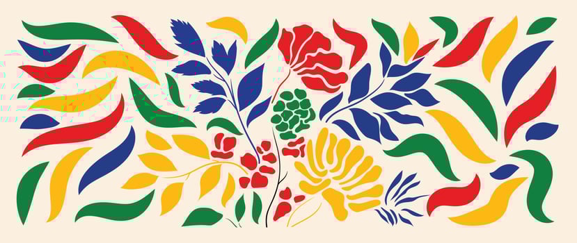 Colorful botanical background vector. Abstract natural hand drawn pattern design with flower, leaves, branch. Simple contemporary style illustrated Design for fabric, print, cover, banner, wallpaper. vector