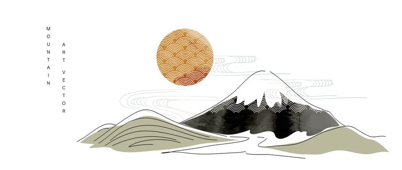 Mountain in oriental style background vector. Chinese landscape with Japanese pattern, hills, line art , sun, watercolor texture. Minimal art wallpaper design for print, wall art, cover and interior. vector