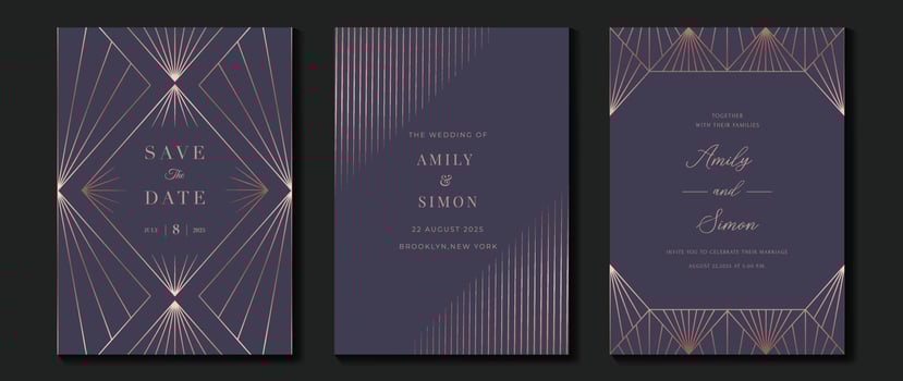 Luxury wedding invitation card background vector. Golden elegant geometric shape, rose gold lines on purple background. Premium design illustration for wedding and vip cover template, banner, poster. vector