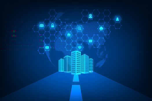 Vector abstract technology smart city online network concept.