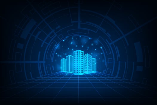 Vector city wireframe on blue background. City future building concept.
