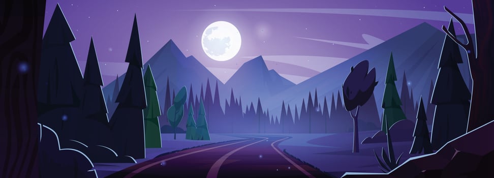 Night road in forest, full moon vector landscape