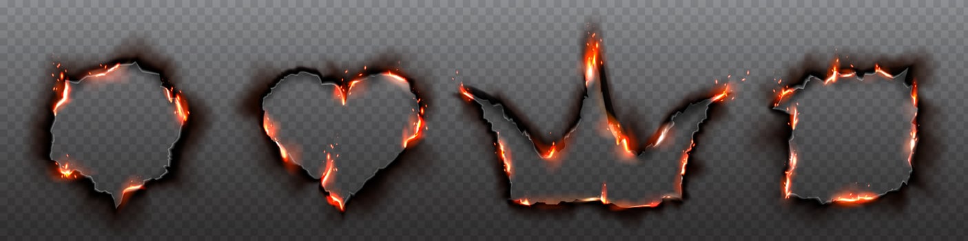 Orange burn hole frame with crown and heart shape. vector