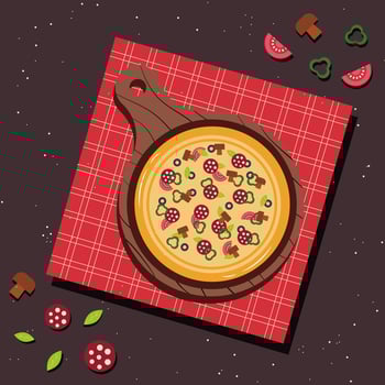 Pizza banner or background. Pizza on the board. Vector illustration.
