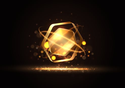 3D golden hexagon on black background with lighting effect and sparkle. Luxury template celebration award design. vector
