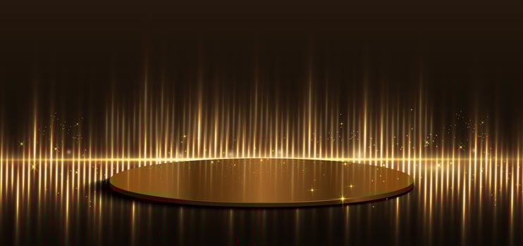 Golden light lines elegant with circle podium and lighting effect sparkle on black background. Template premium award design. vector