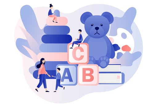 Babysitter service. Nanny occupation. Childcare assistance. Babysitting club. Family and nursery. Modern flat cartoon style. Vector illustration on white background