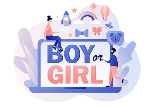 Gender reveal party. Boy or Girl on laptop screen. Baby shower celebration. Modern flat cartoon style. Vector illustration on white background