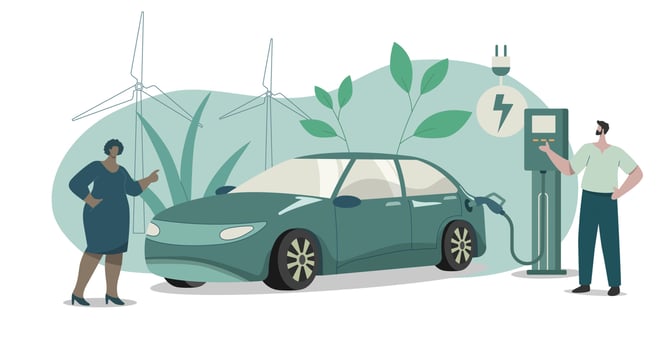 Eco friendly sustainable, Electric car charging station, Clean green energy from renewable sources concept. Vector design illustration.