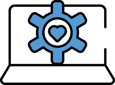 Laptop With Cogwheel Icon In Blue And White Color. vector