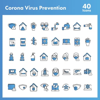 Blue And White Color Set of Coronavirus Prevention Icon In Flat Style. vector