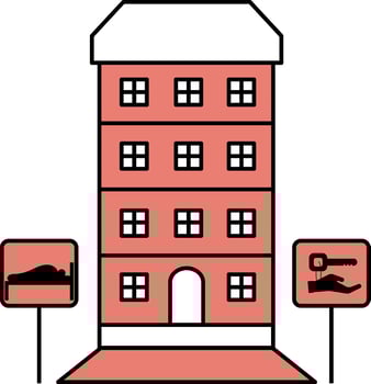 Hostel Or Hotel Building Icon In Red And White Color. vector