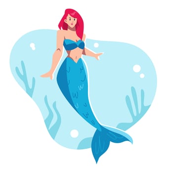 beautiful mermaid swimming in the sea.  sea background, marine plants, seaweed. cartoon flat vector illustration.