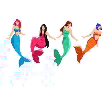 set of beautiful mermaid women with different colors, poses, hairstyles. flat cartoon vector illustration.