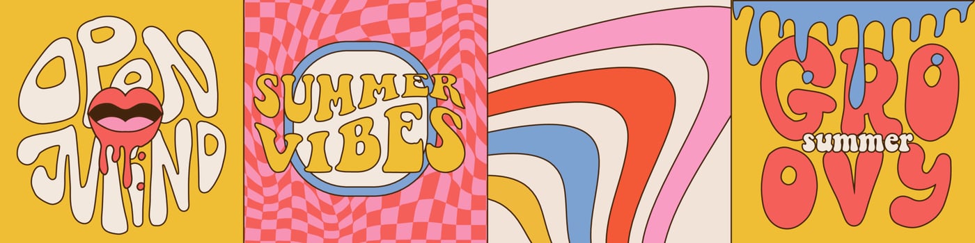 Set of colorful greeting cards in 70s groovy style. Wavy pattern, melting mouth and abstract rainbow. Modern retro Summer vibes templates. Vector illustration for posters, labels, covers, postcards