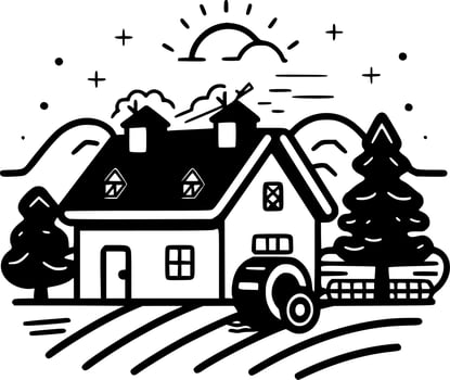 Farm, Black and White Vector illustration