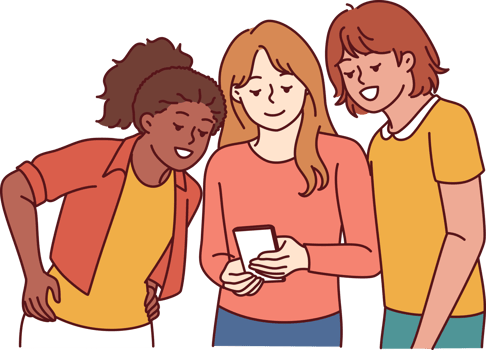Teenage girls look at mobile phone and laugh at interesting video found on internet png