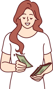 Woman counts money earned in business or received from dividend investments with good profit png