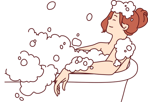 Carefree woman relaxes lying in bath with foam and warm water after hard day at work or long walk png